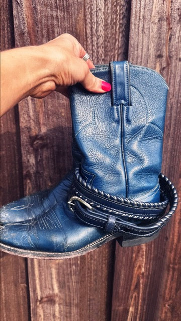 Vintage Justin Navy Leather Cowboy Boots + Matching Braided Belt Set | Size 5.5