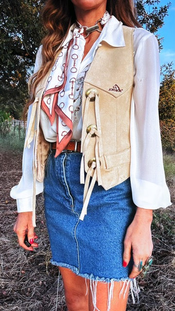 Vintage Jordache 70s Leather Concho Vest – Cream Western Lace-Up | Size Small/Medium
