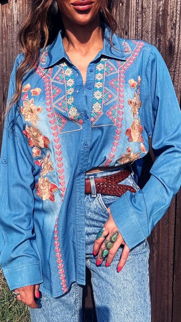 Modern Western Embroidered Denim Shirt | Medium