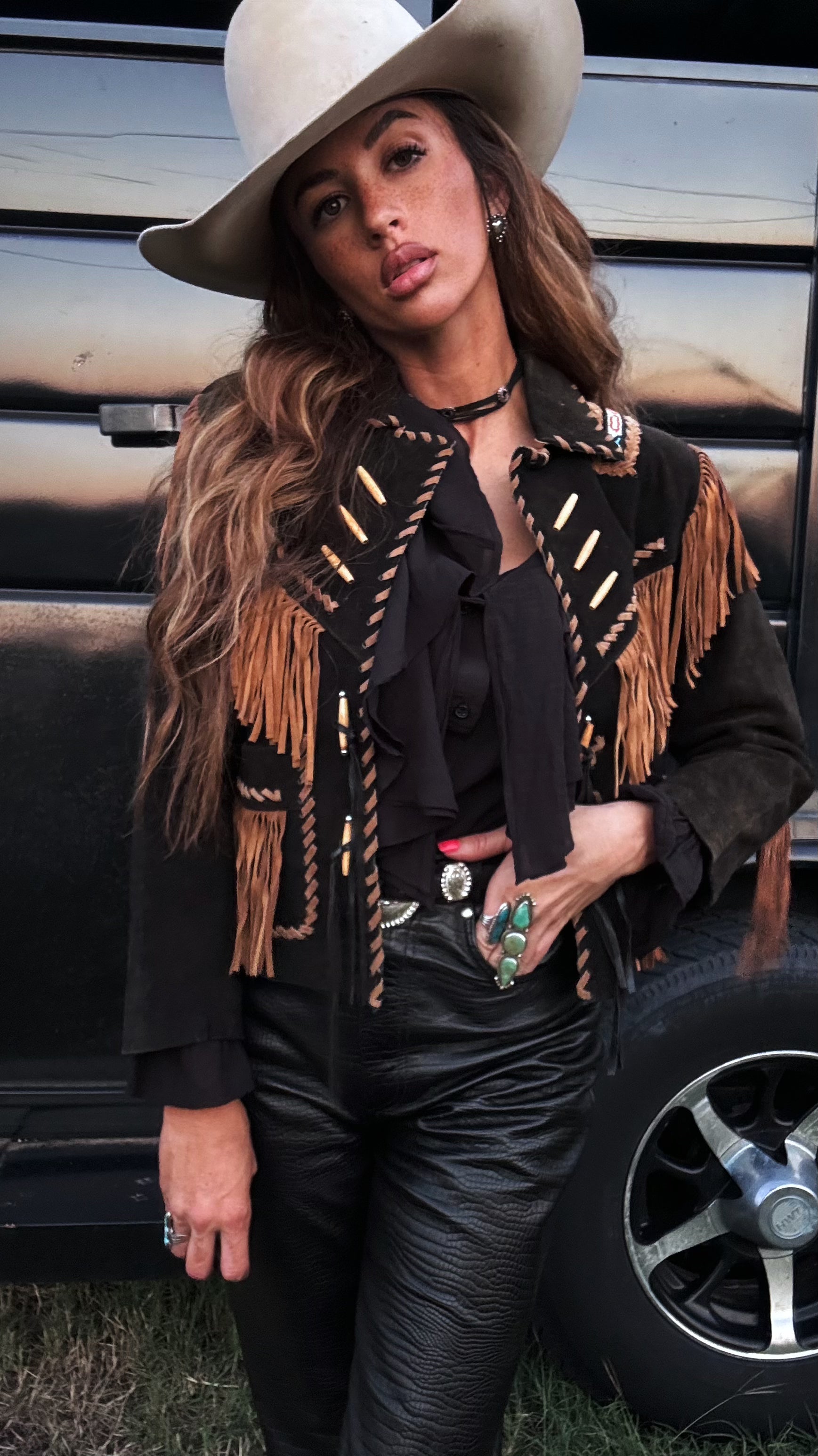 Outlaw Cowgirl Jacket | RARE 1970s Vintage 3B West Suede Fringe & Beaded Jacket (Youth XL / Women's Small)