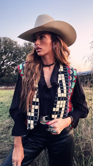 Vintage Naturally Texas Southwestern Tapestry Vest – Checkerboard & Aztec Pattern | Size Large