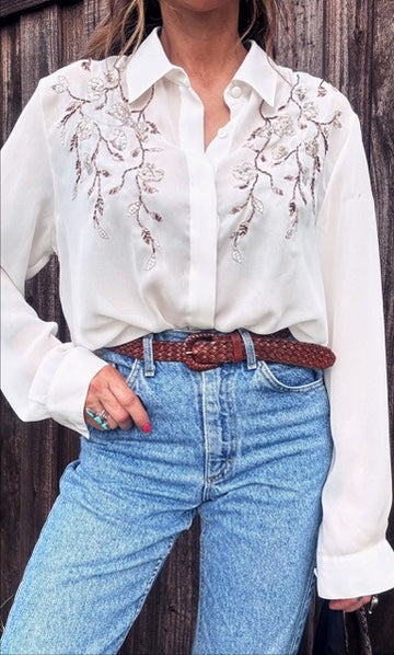 Vintage 1970s Hand-Beaded Sequin Blouse - Western Glam Ivory Sheer Top (Womens S/M)