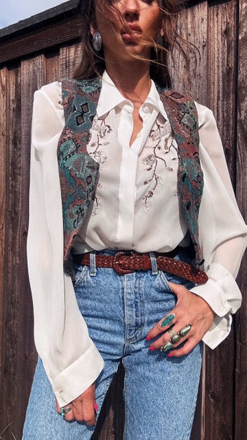 Vintage 1970s Hand-Beaded Sequin Blouse - Western Glam Ivory Sheer Top (Womens S/M)