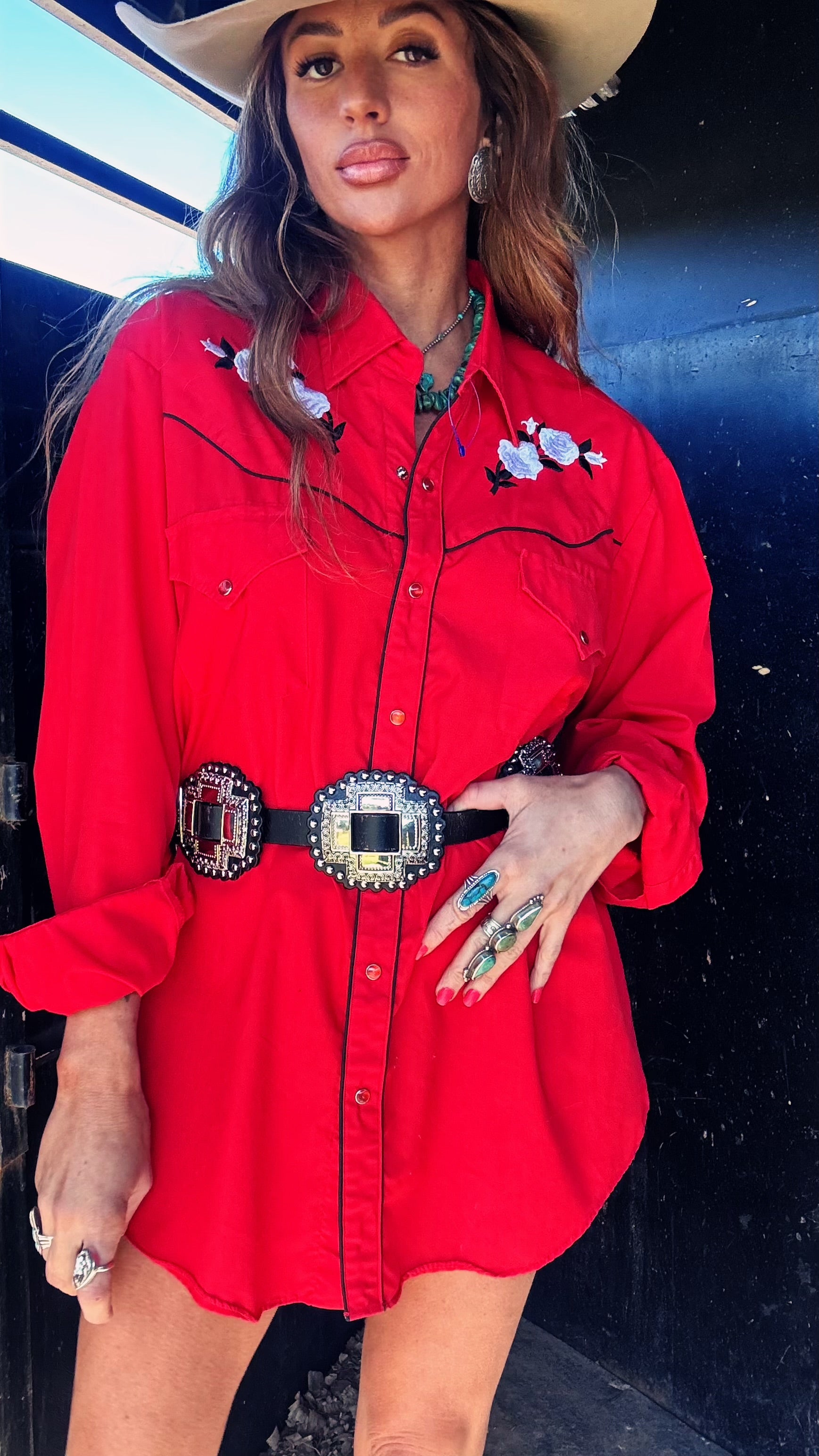 Vintage ELY Diamond Western Snap Shirt Dress – Red w/ White Rose Embroidery | Mens Large / Women's XL