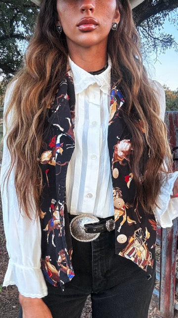 Vintage LATTE Western Rodeo Print Vest – 80s Statement Cowgirl Style | Medium