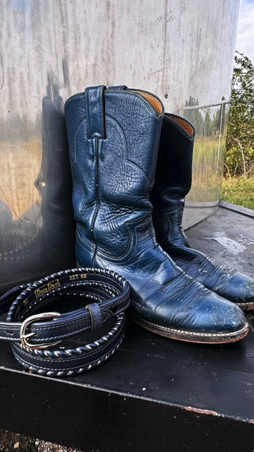 Vintage Justin Navy Leather Cowboy Boots + Matching Braided Belt Set | Size 5.5