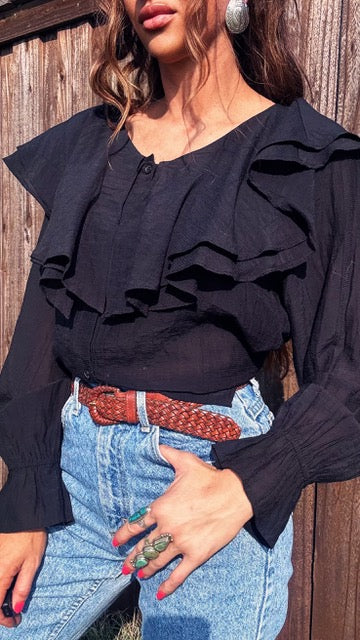 Modern Black Frilly Western Blouse | Small/Med