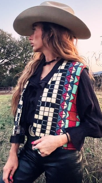 Vintage Naturally Texas Southwestern Tapestry Vest – Checkerboard & Aztec Pattern | Size Large