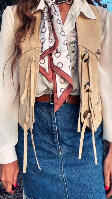 Vintage Jordache 70s Leather Concho Vest – Cream Western Lace-Up | Size Small/Medium