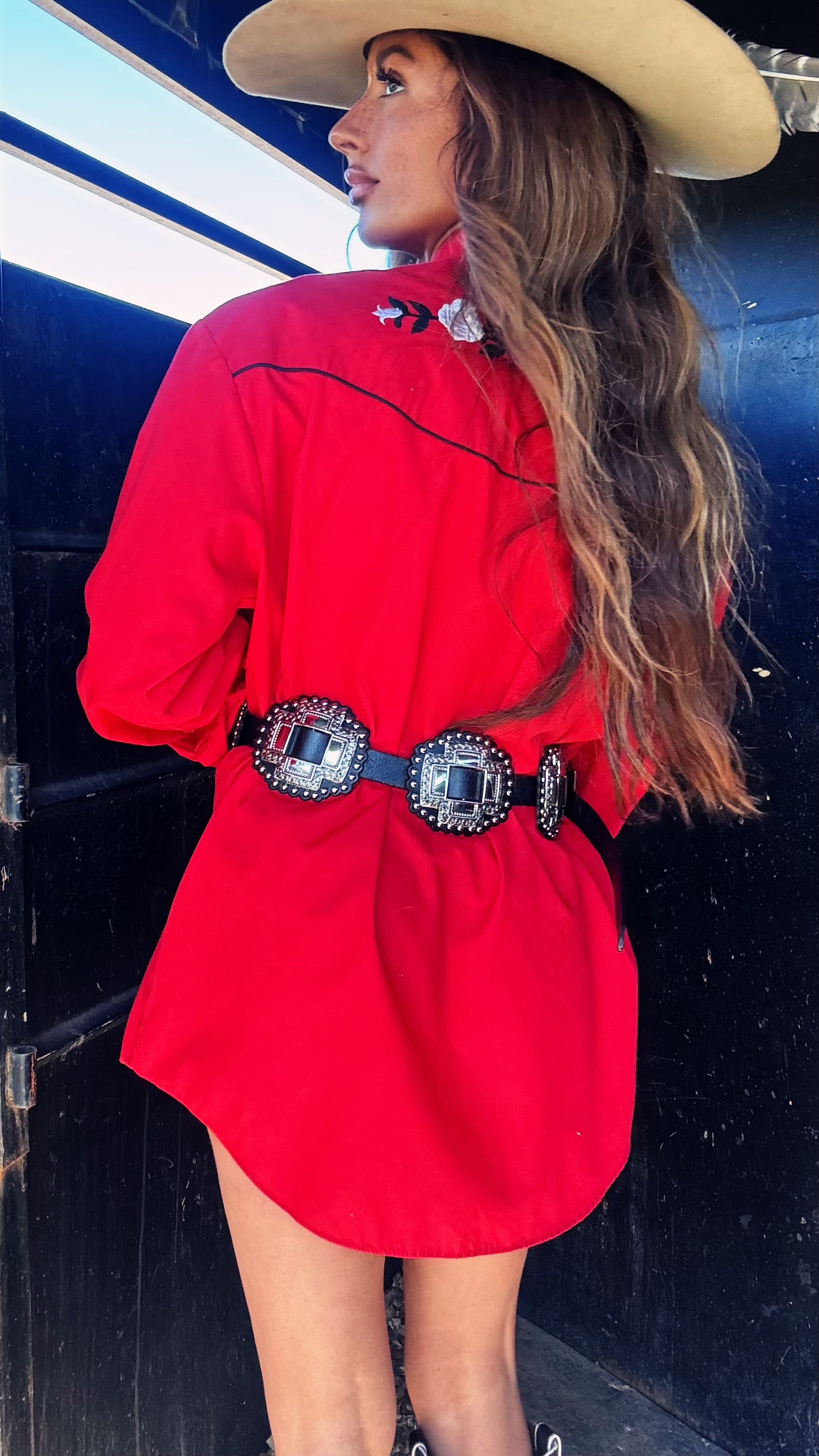 Vintage ELY Diamond Western Snap Shirt Dress – Red w/ White Rose Embroidery | Mens Large / Women's XL