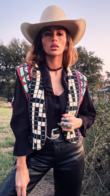 Vintage Naturally Texas Southwestern Tapestry Vest – Checkerboard & Aztec Pattern | Size Large