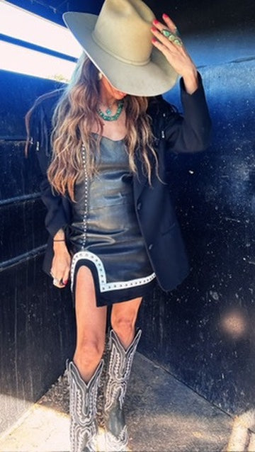 Modern Understated Leather Studded Mini Dress –| Size Small (Runs Big)