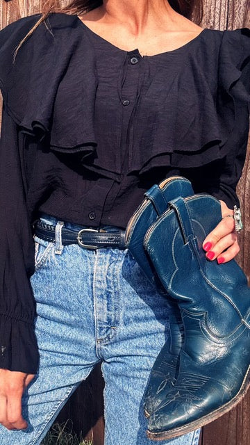 Vintage Justin Navy Leather Cowboy Boots + Matching Braided Belt Set | Size 5.5