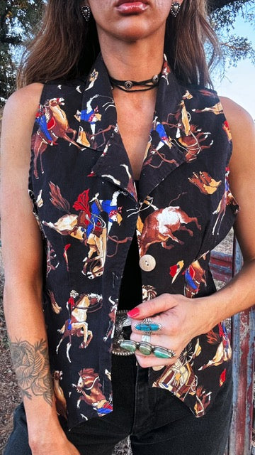 Vintage LATTE Western Rodeo Print Vest – 80s Statement Cowgirl Style | Medium