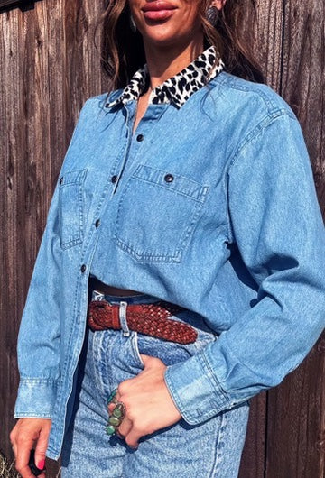 Vintage Bill Blass Denim Shirt w/ Leopard Print Collar – 90s Western Glam | Size Medium