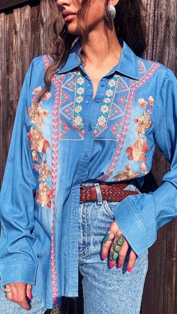 Modern Western Embroidered Denim Shirt | Medium