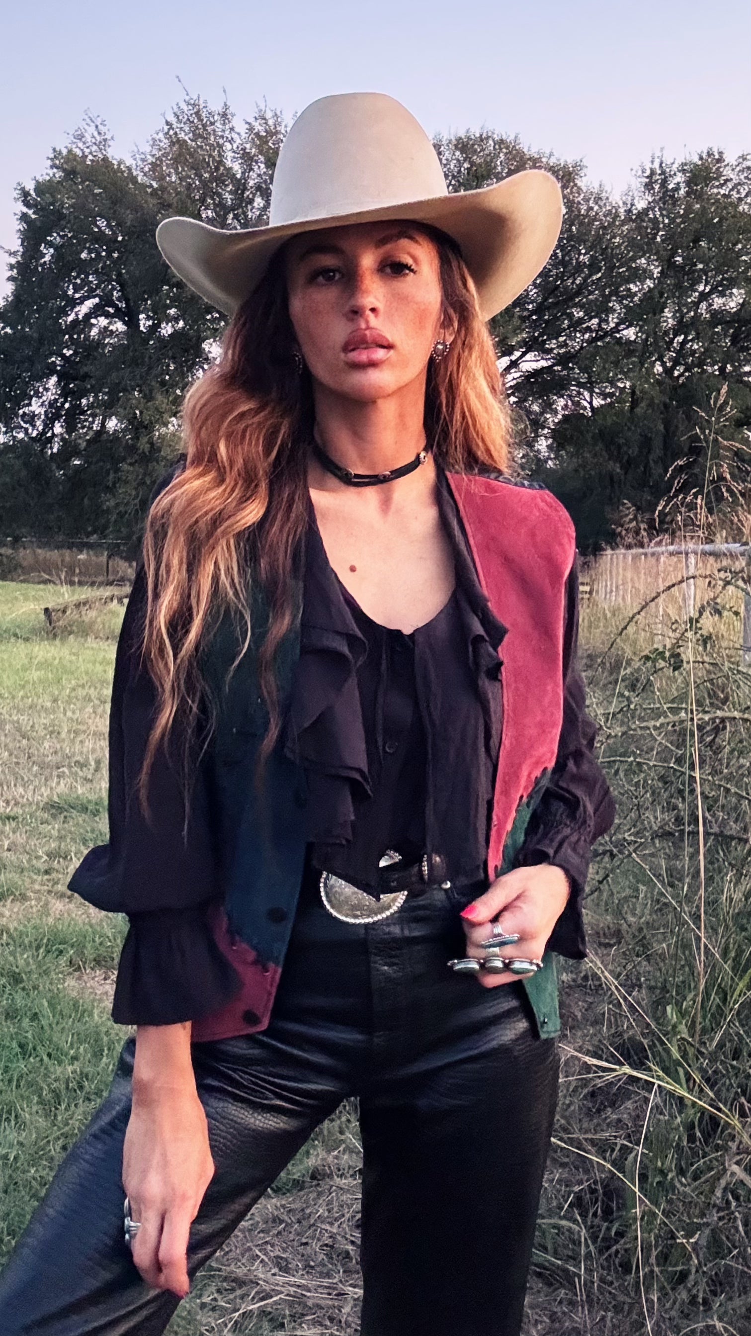 Vintage Learsi Colorblock Suede Vest – Burgundy & Teal Western Patchwork | Large