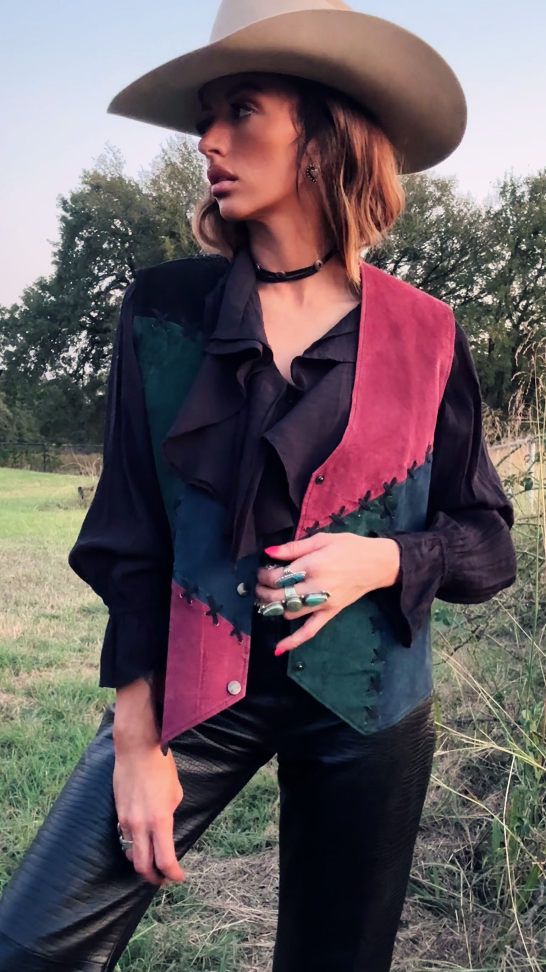 Vintage Learsi Colorblock Suede Vest – Burgundy & Teal Western Patchwork | Large