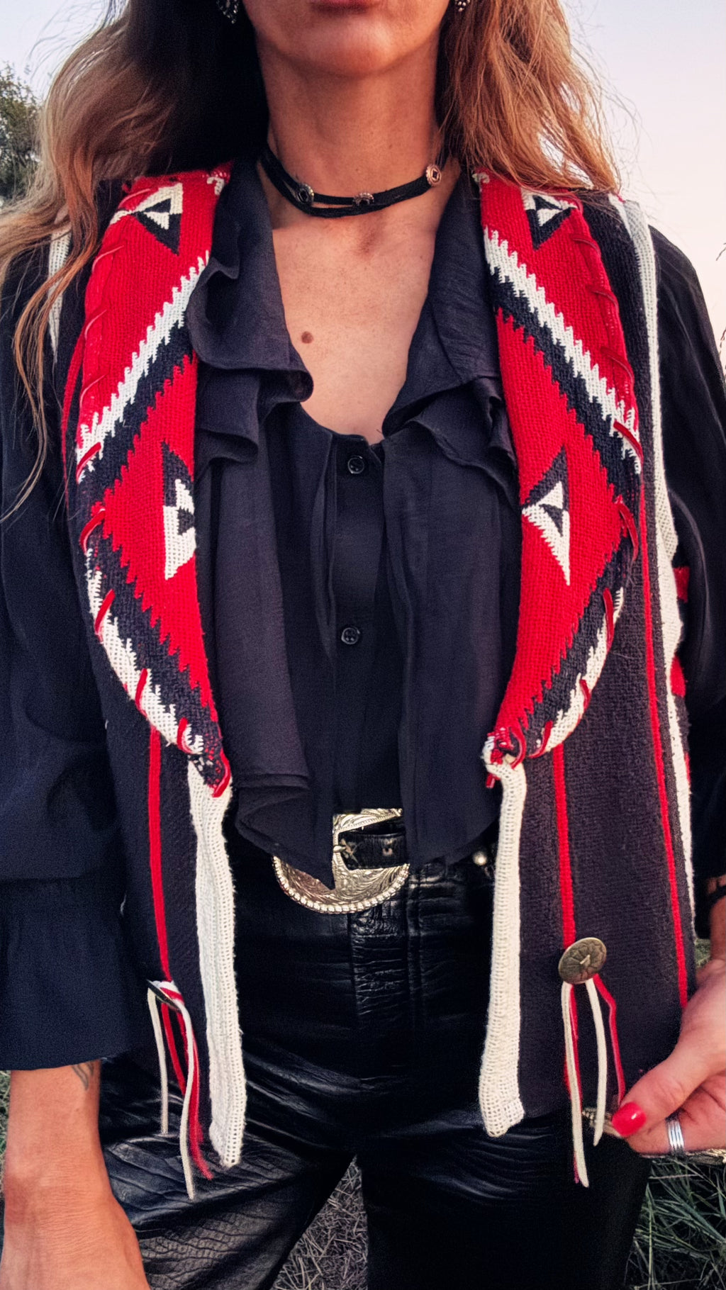 Vintage "Under the Bags" Southwestern Aztec Woven Concho Vest | Size Small/Med