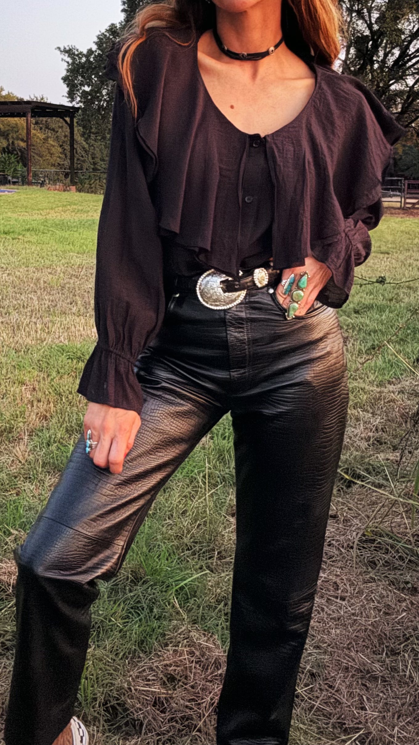 Croc-Embossed Black Leather Pants - Saguaro Size 6 | Waist 27" | Vintage Western High-Rise