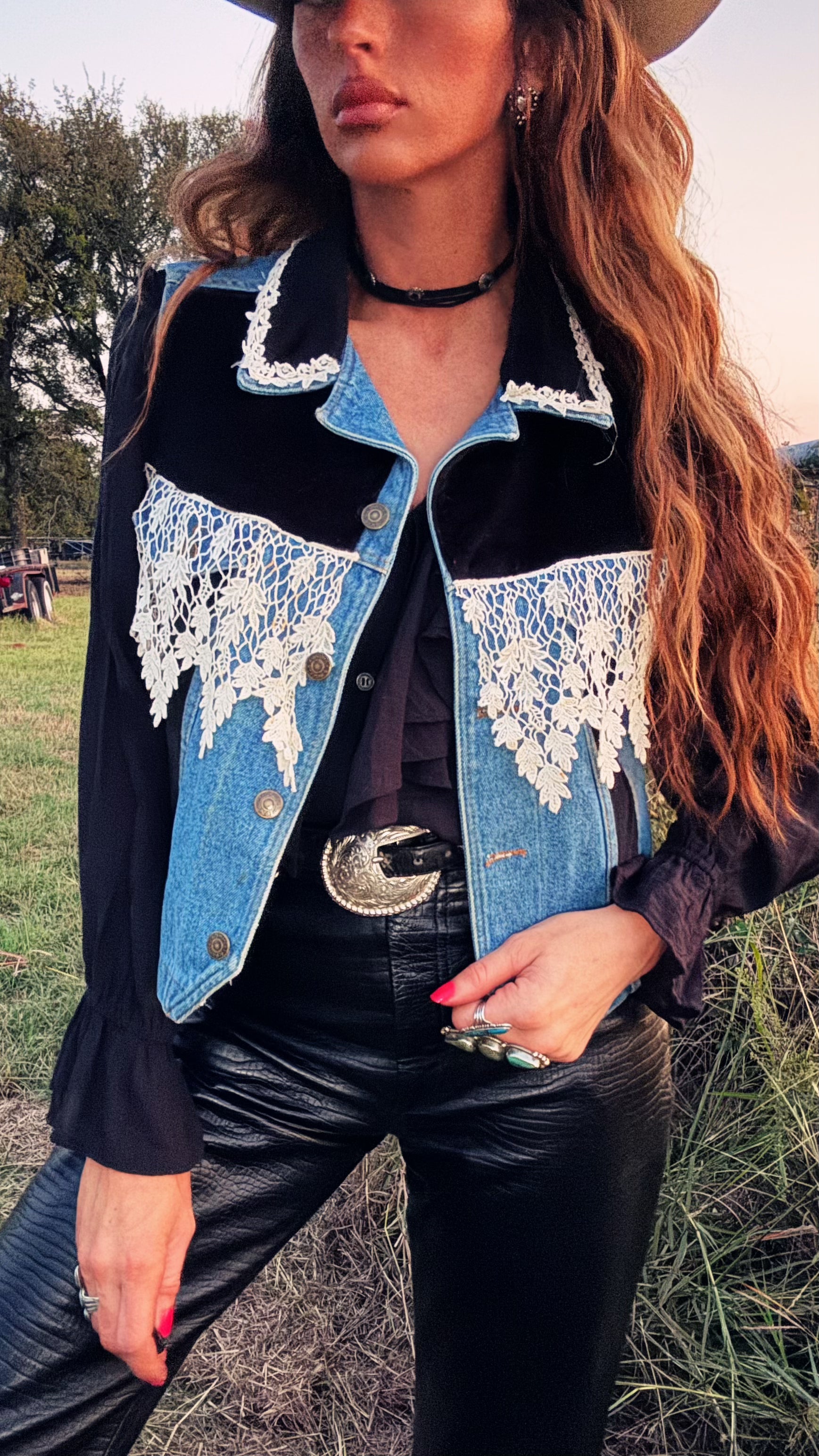 Vintage Wash L.A. Lace & Velvet Denim Vest - 1980s Western Couture (Made in USA, Women's M)